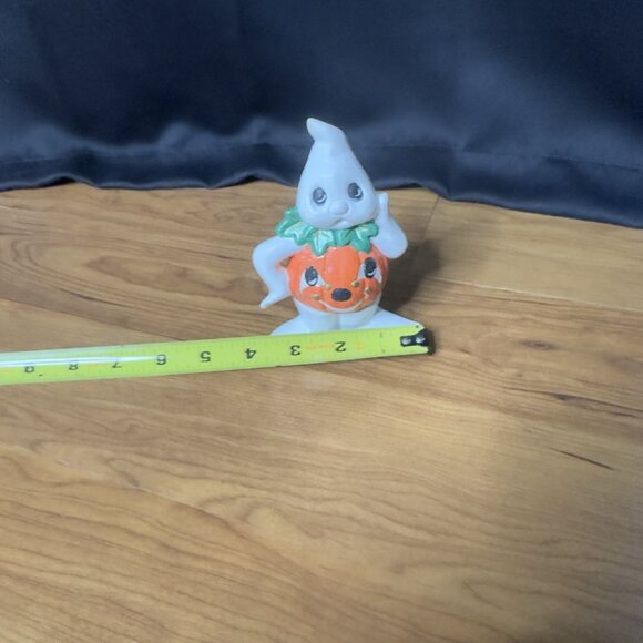 Vintage Ceramic Painted Ghost Pumpkin Jack O Lantern Kitsch Figurine Halloween - Picture 3 of 12